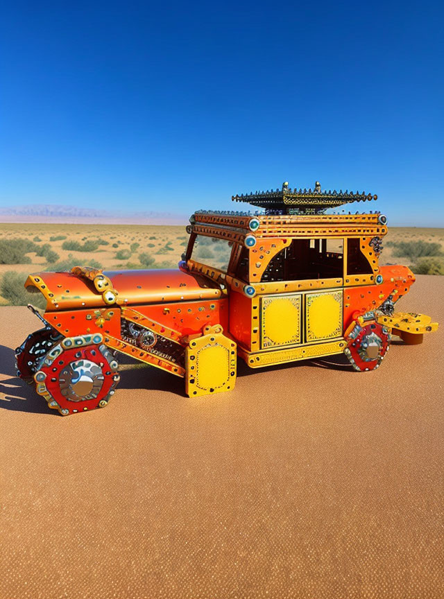 Colorful Meccano-style classic car model on sandy desert with blue sky