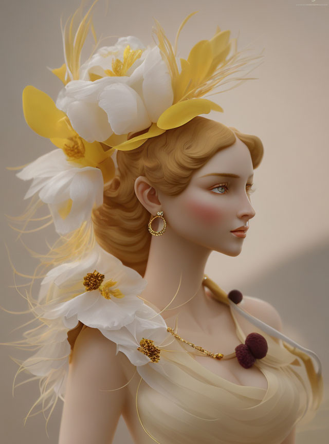 Illustration of woman with golden hair, yellow flowers, feathers, gold jewelry, white dress.