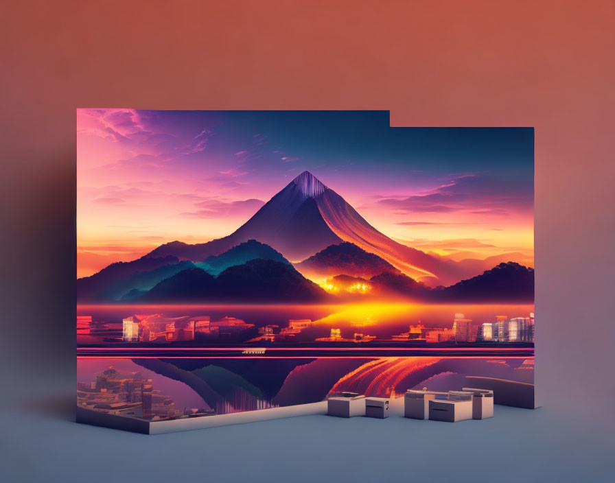 Surreal mountain sunset blending urban landscape with vivid colors.