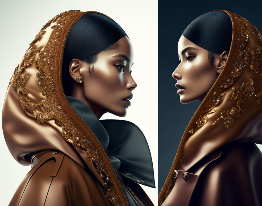 Artistic portrait of woman in golden-embroidered brown cloak with sleek hairstyle