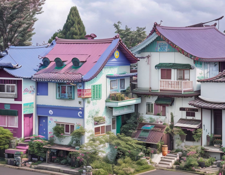 Vibrant Korean houses with tiled roofs in lush green setting