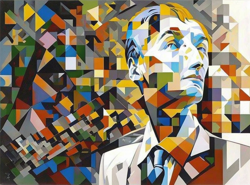 Vibrant cubist artwork featuring man in suit with abstract shapes