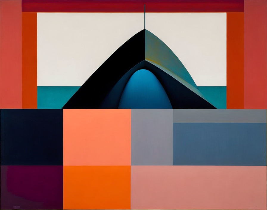 Geometric abstract painting with central peaked shape in black and gradient, surrounded by solid color blocks