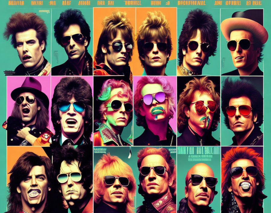 Colorful Collage of Rock-Star Personas with Varied Hairstyles & Sunglasses