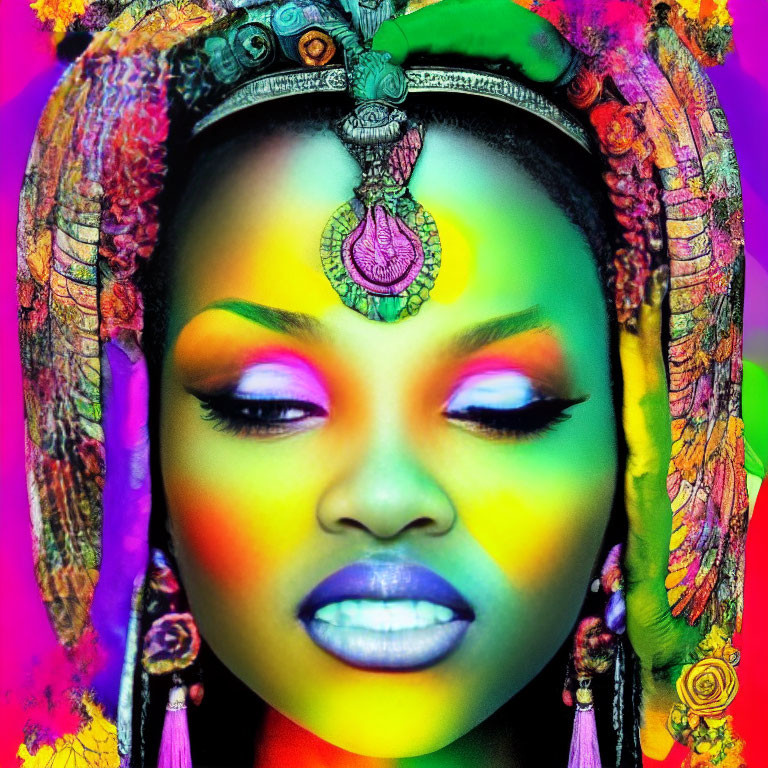 Colorful portrait with neon makeup and ornate headpiece