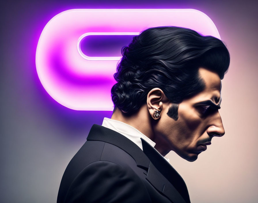 Stylized hair man against neon "G" backdrop