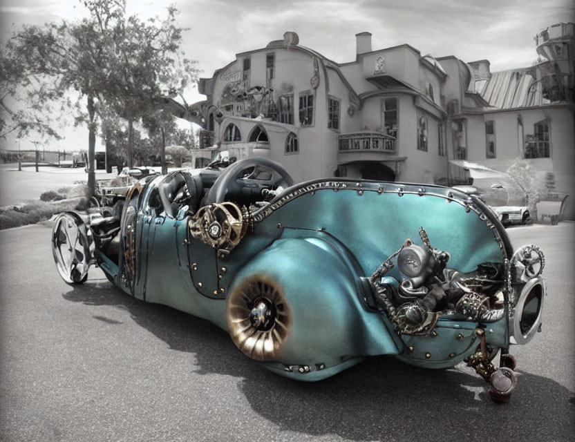 Steampunk-inspired vehicle with copper and metallic finishes and gears parked on a street