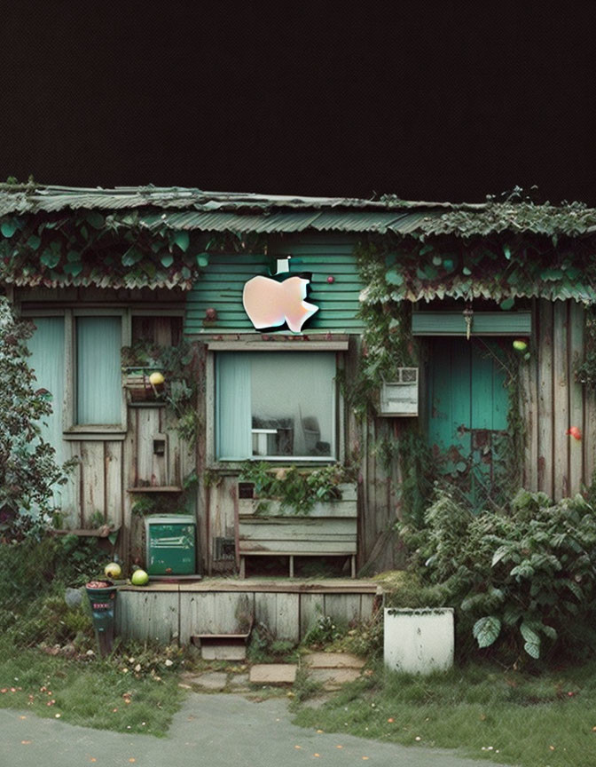 Rustic wooden shack with Apple logo, ivy, greenery, and white barrel