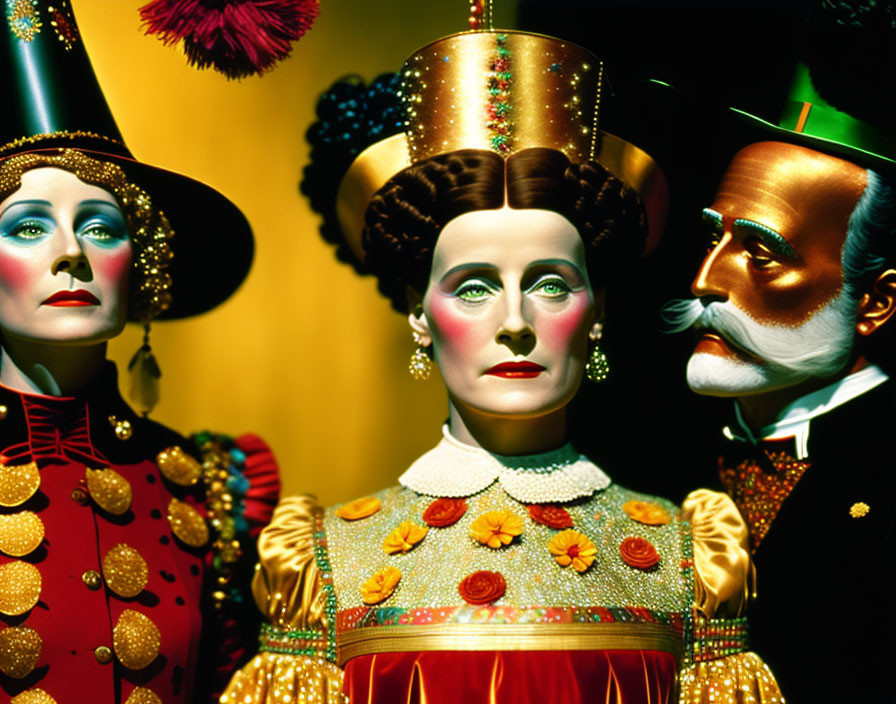 Colorful vintage circus performers in elaborate costumes and makeup.