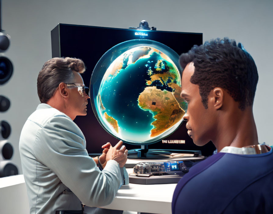 Men observing holographic globe display in conversation