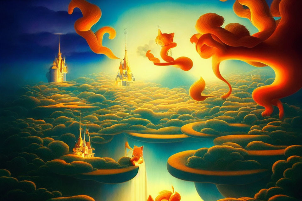 Fantasy Landscape with Orange Clouds and Illuminated Castles