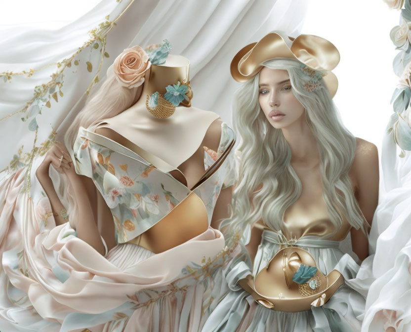 Surreal image of woman with silver hair and mannequin in elegant gold and pastel garments