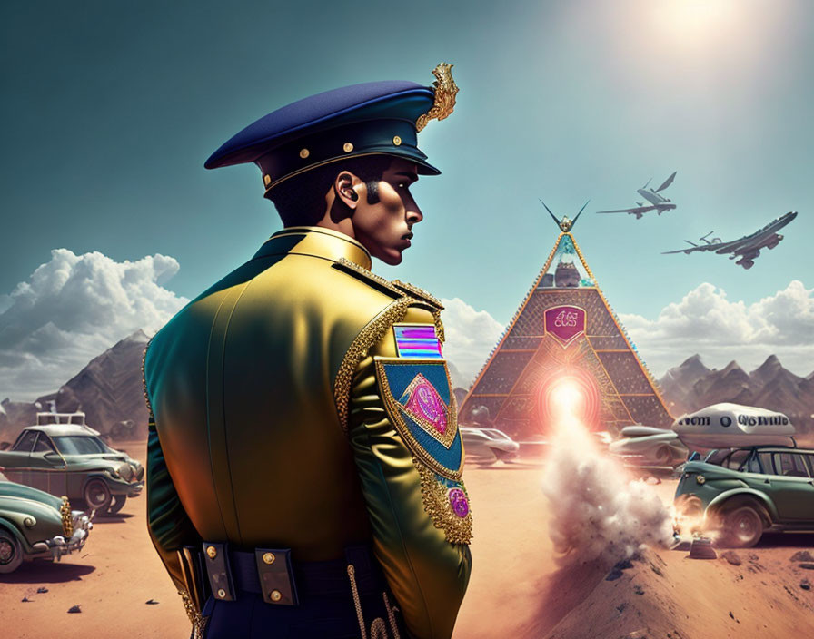 Military Officer with Medals in Desert Landscape with Pyramids and Vintage Cars