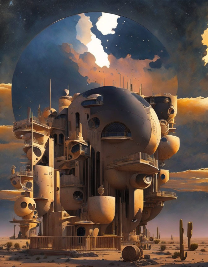 Futuristic desert cityscape with rounded building under massive globe