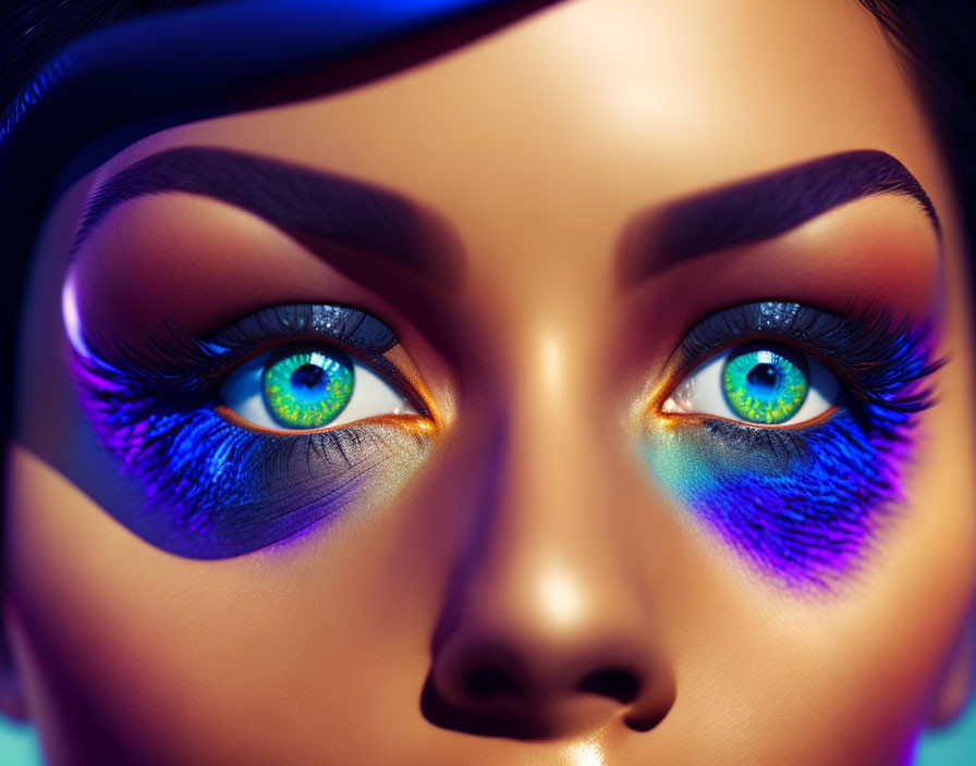 Detailed close-up of woman's face with vibrant blue and orange eye makeup