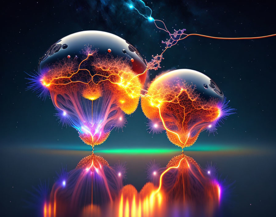 Colorful digital artwork: Two glowing spherical structures with tree-like lightning in starry sky