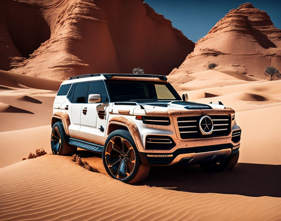 Beige and Black Mercedes-Benz SUV on Sandy Desert Dune