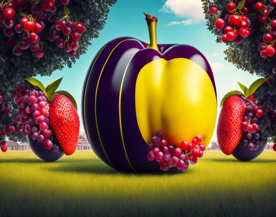 Surreal landscape featuring oversized fruit under a bright sky