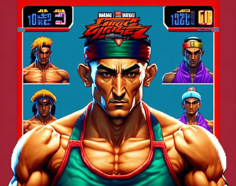 Colorful Street Fighter characters artwork with Ryu, Ken, and Guile.