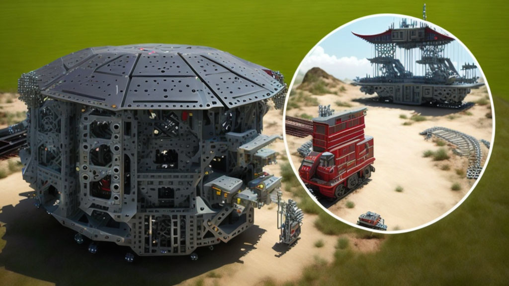 LEGO structure and sci-fi scene split-view comparison