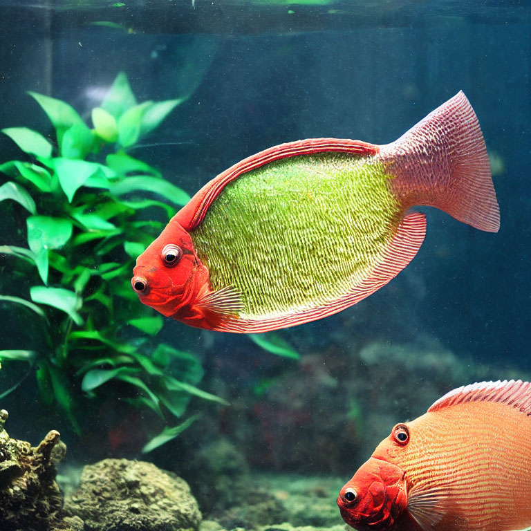 Translucent red-orange fish in green-tinted aquarium