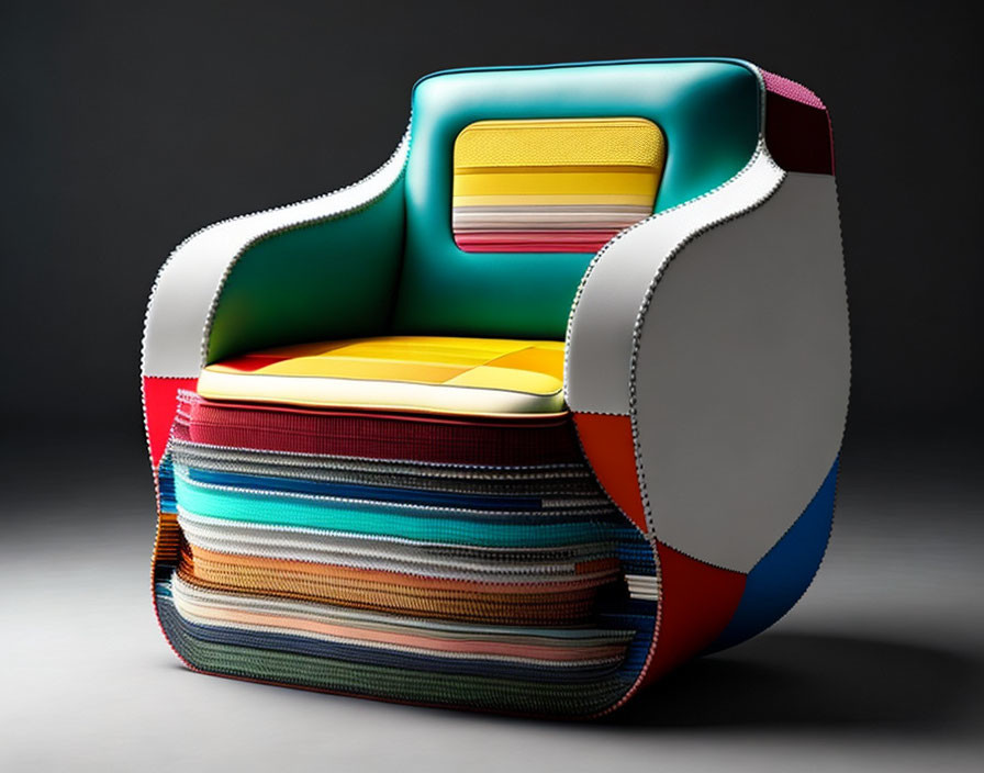 Layered fabric design armchair with high backrest and cushioned seat on gray background