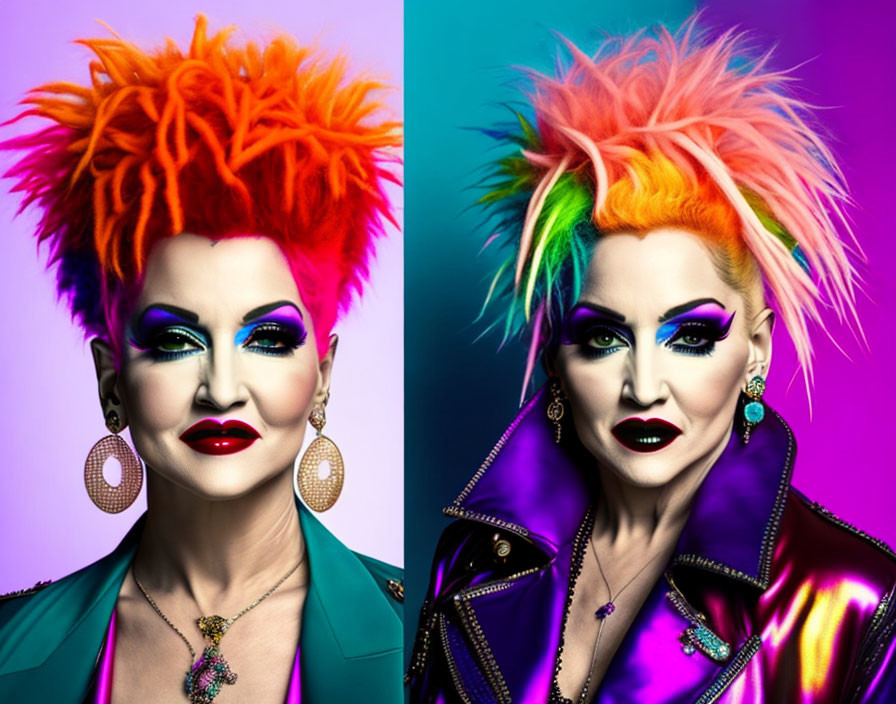 Vibrant rainbow hair portraits with bold makeup and colorful attire on purple backdrop