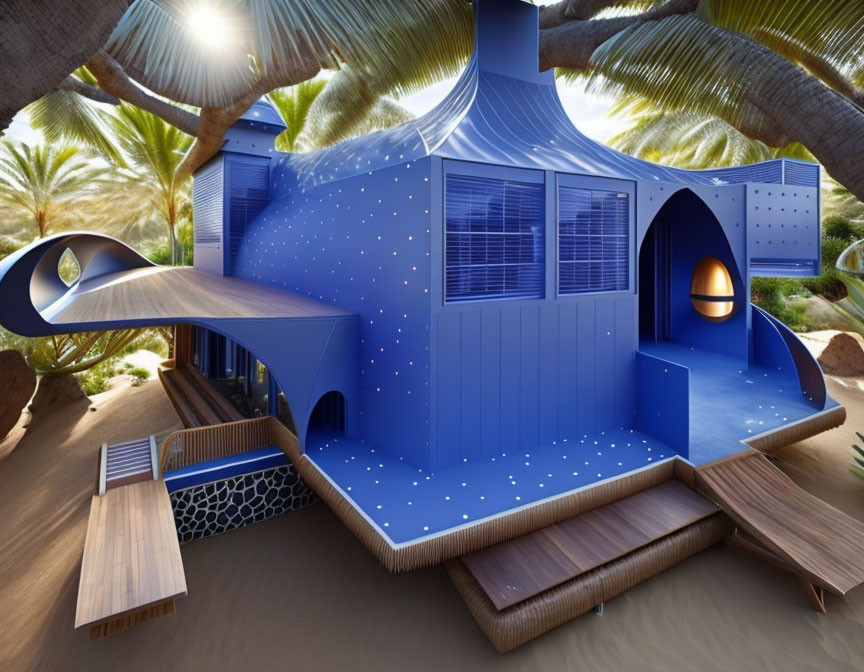 Blue Treehouse with Star Patterns and Palm Trees, Slide, Balconies, Lit Interiors