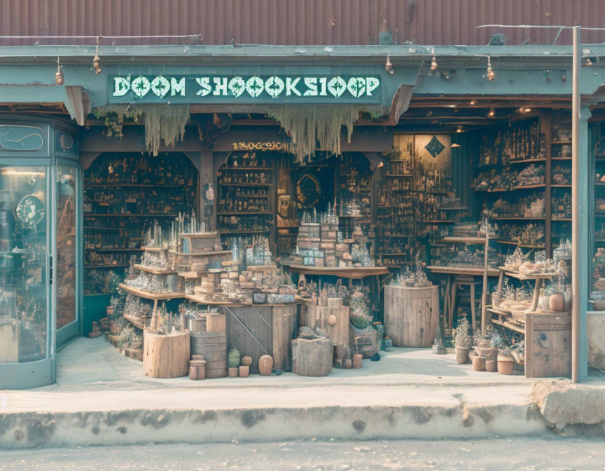 Rustic shop with pottery and plants under "DOM SHOOK SHOP" sign