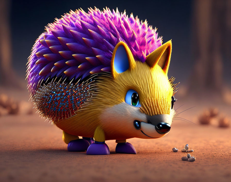 Colorful 3D animation of a smiling hedgehog with purple spines and feet observing rocks