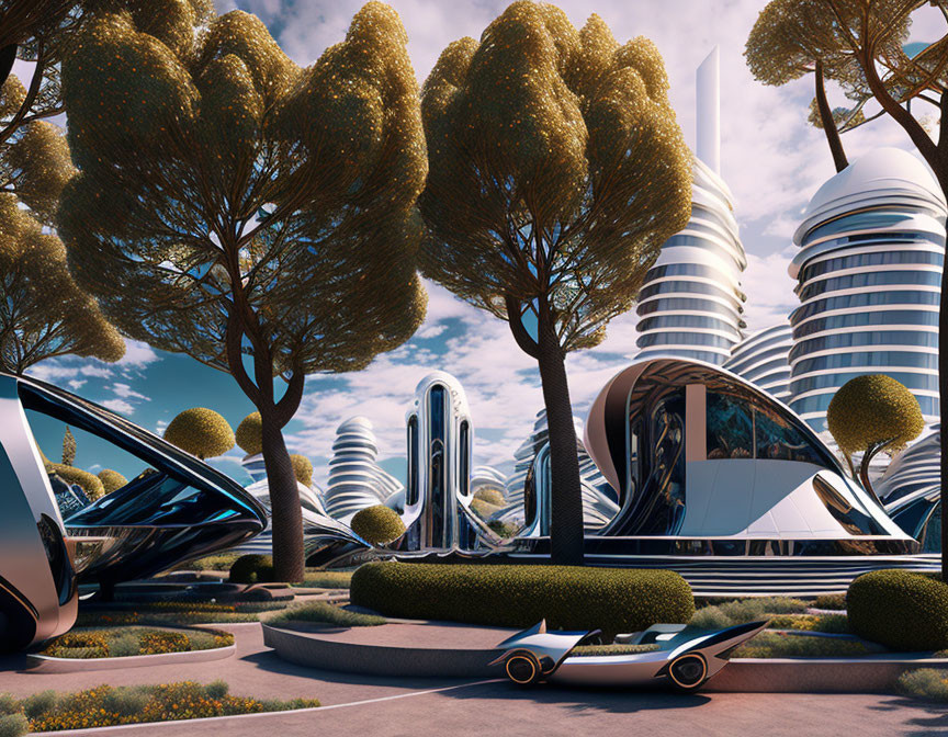 Futuristic cityscape with sleek buildings and advanced transportation pods