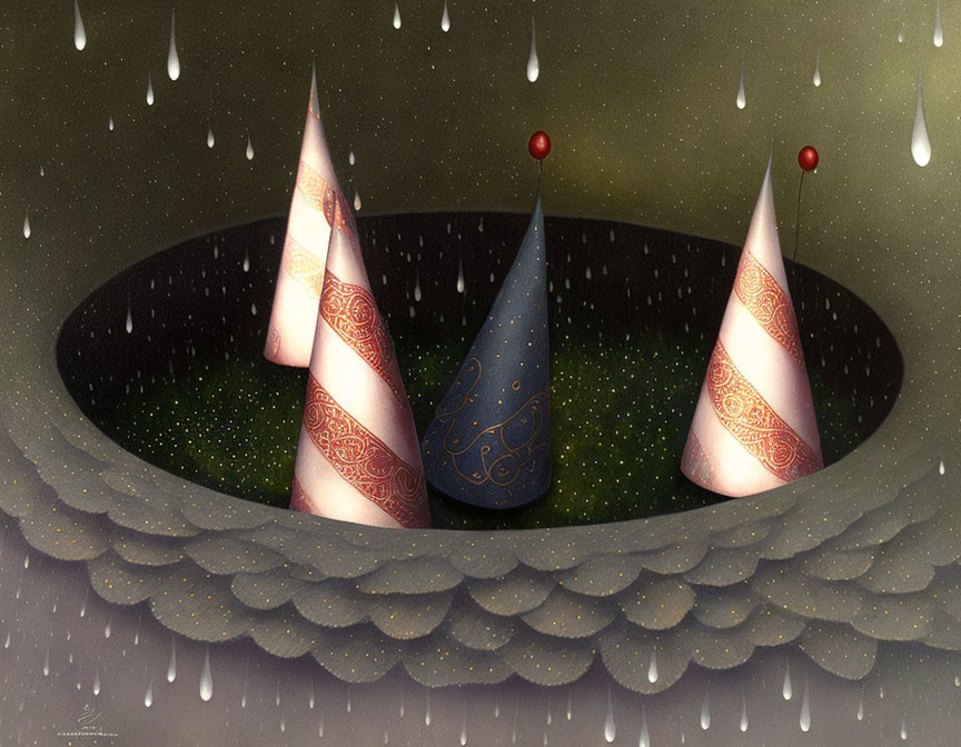 Whimsical conical structures with ornate patterns in circular landscape under rainy sky