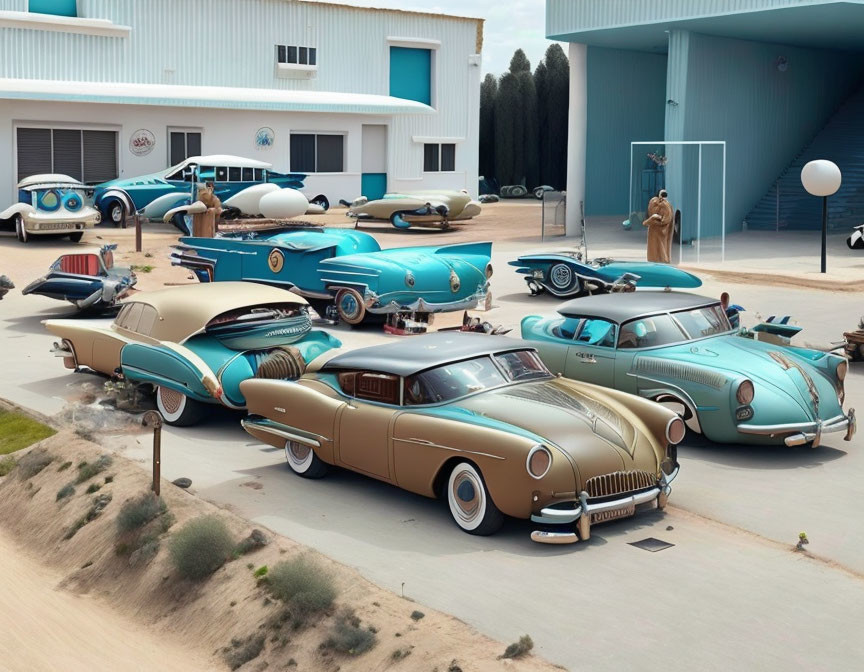 Classic Cars Parked by Retro Buildings Under Clear Sky