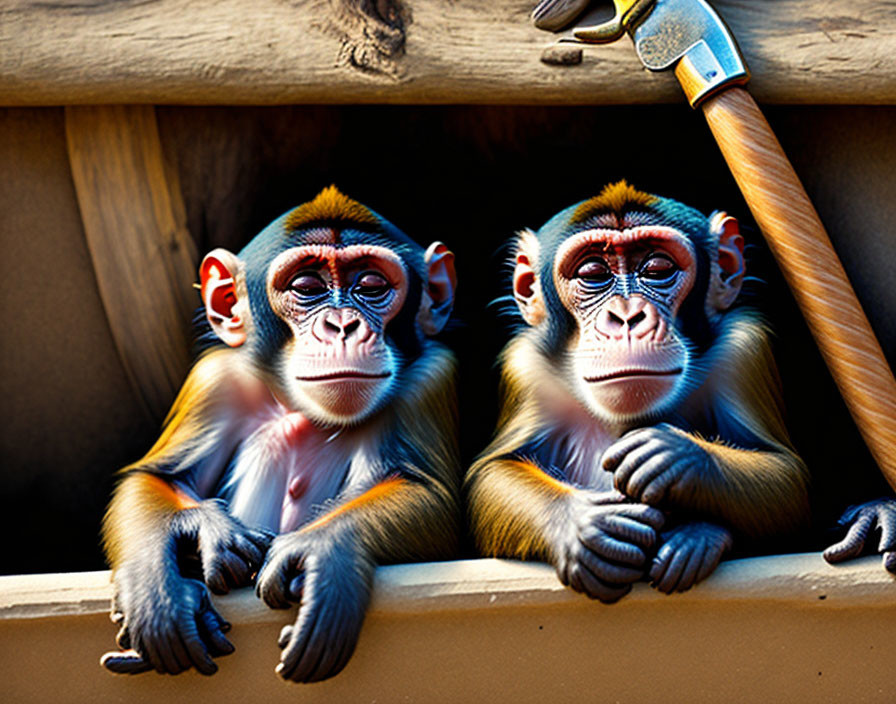 Colorful monkeys peeking from wooden ledge with hammer above