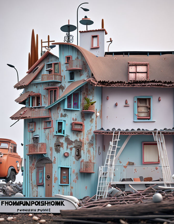 Four-story narrow house with rusted blue façade, balcony, weathervane, vintage car