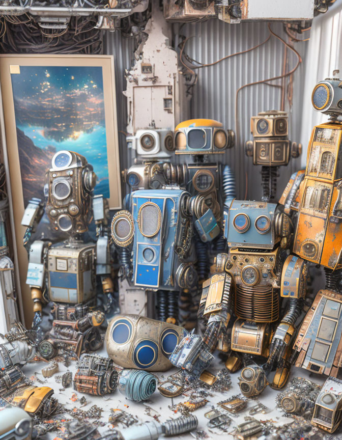 Cluttered room with blue and orange robots amidst machinery and cityscape poster