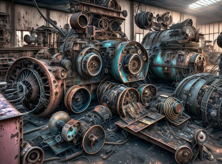 Rusted industrial machinery in abandoned warehouse with warm lighting