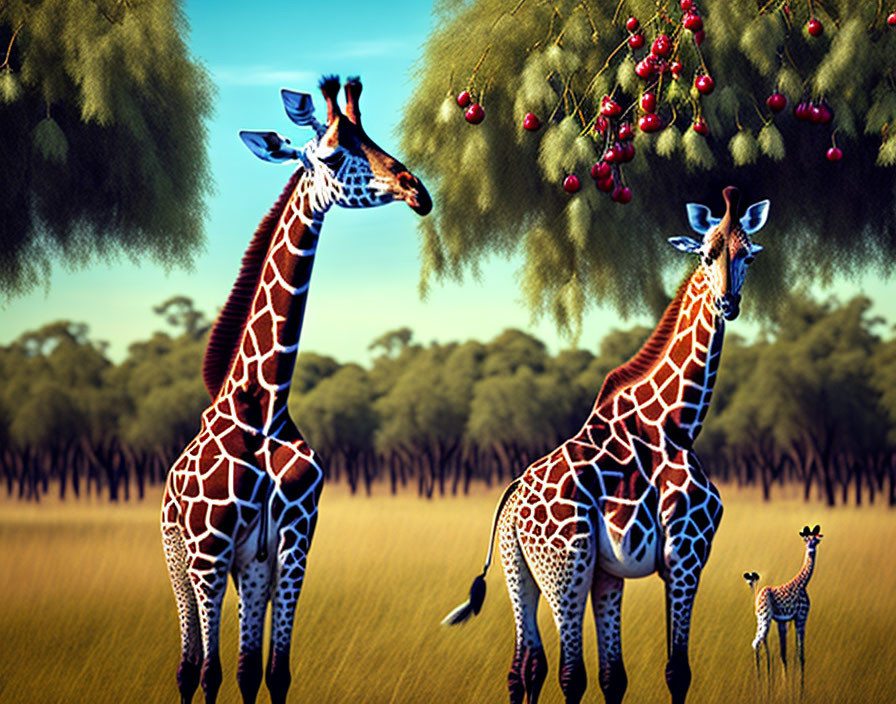 Adult and Baby Giraffes in Lush Savanna Landscape