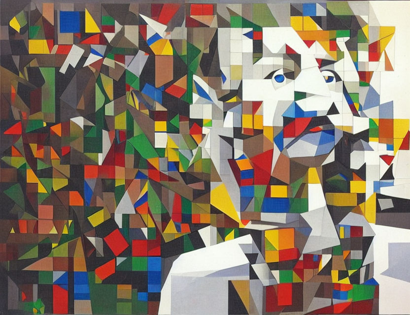 Vibrant abstract cubist painting with fragmented geometric shapes.