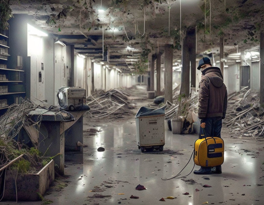 Person in Hat and Coat Pulling Yellow Suitcase Through Abandoned Overgrown Building