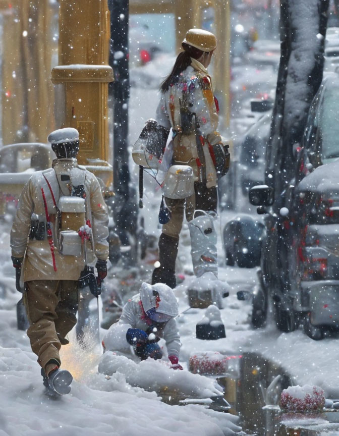 Two individuals in winter clothing clearing snow on snowy sidewalk.