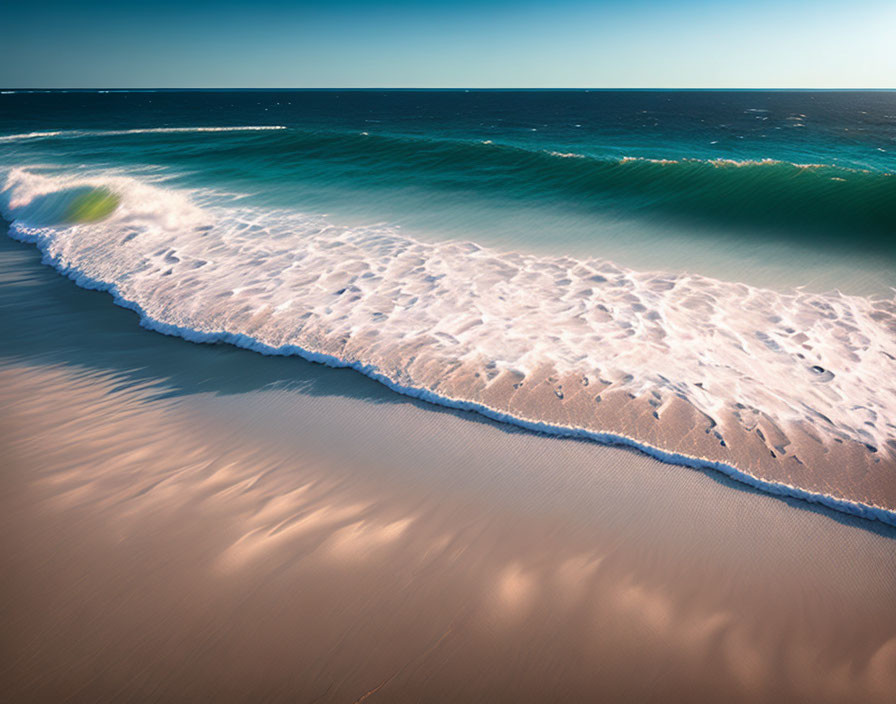 Tranquil beach scene with gentle waves and clear sky