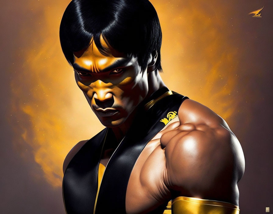 Martial artist in black and yellow attire with intense expression