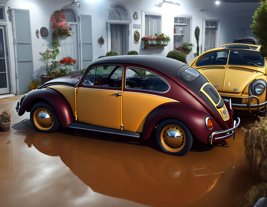 Two-Toned Red and Black Volkswagen Beetle in Vintage Car-Themed Garage