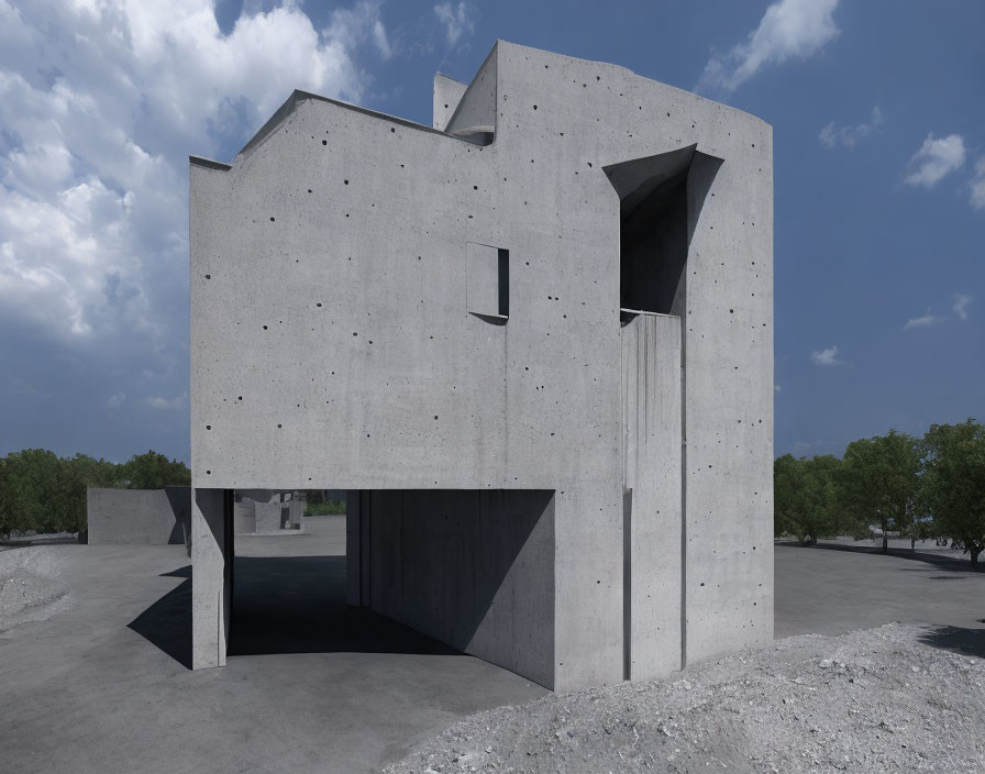 Modern Brutalist Concrete Building with Geometric Design under Cloudy Sky