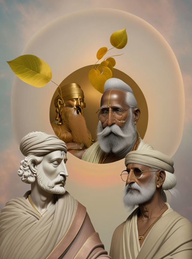 Stylized digital artwork: Four bearded men sculptures in classical attire with leaves on warm-toned