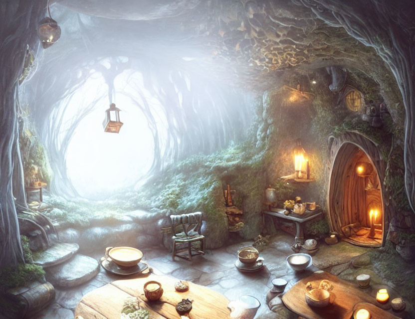 Whimsical underground room with round door, furniture, and enchanting lighting