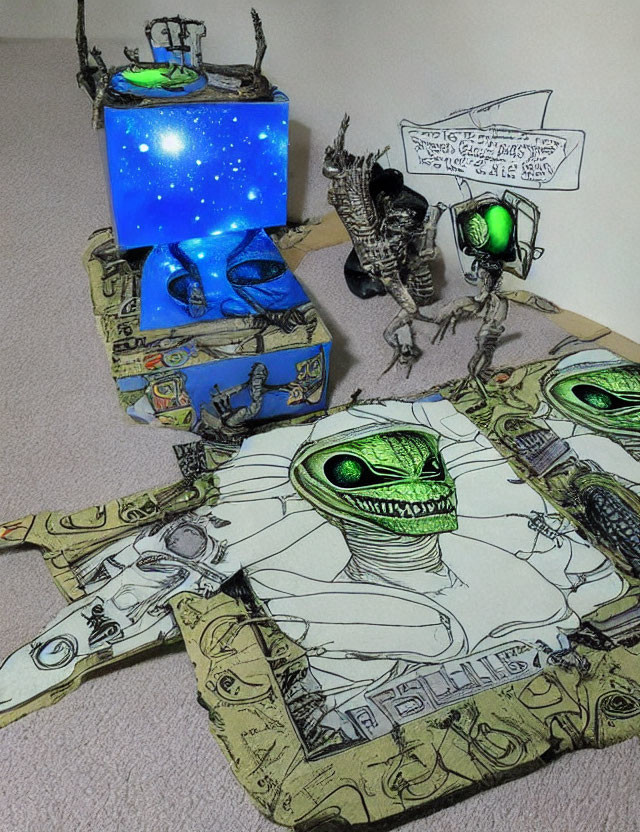 Innovative display with starry projection, alien figurines, and alien-themed paper artwork