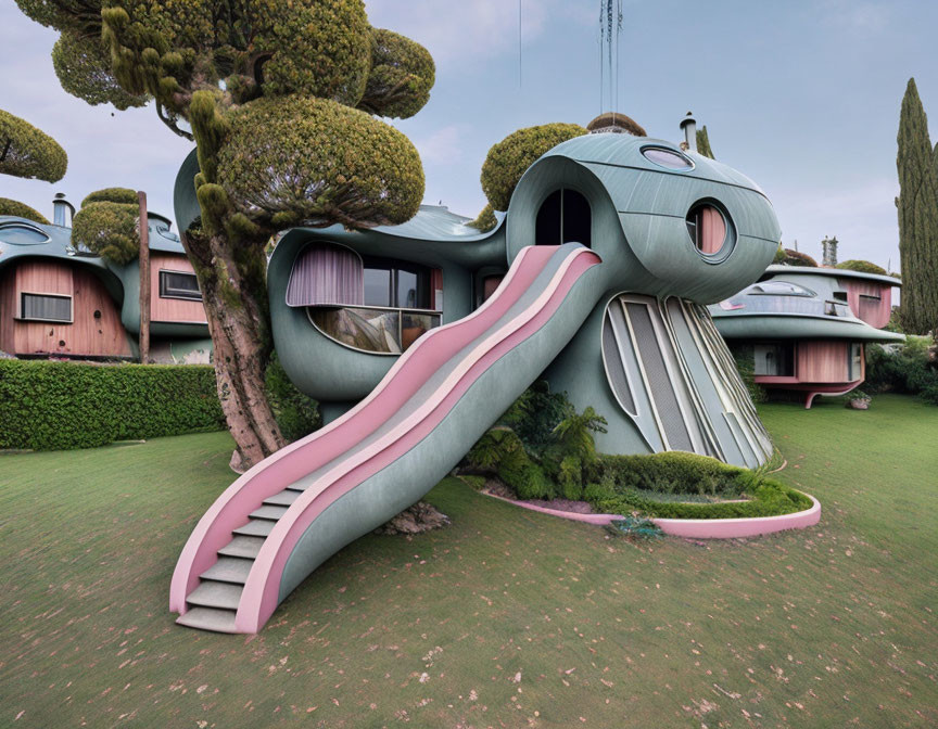 Pod-shaped Buildings with Large Round Windows and Pink Slide-like Staircase