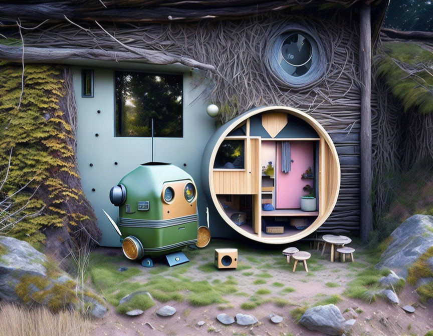 Illustrated cozy hillside home with green door, round windows, and quirky robot